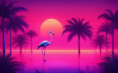 Pink flamingo in neon glow, set against a purple gradient background