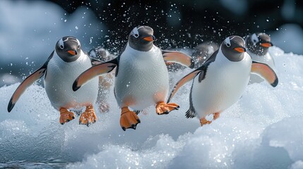 Fototapeta premium A group of gentoo penguins jumps off an iceberg into the freezing Antarctic waters