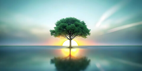 Obraz premium Plain gradient sunset background single silhouetted tree realization epiphany concept copy space photography ideal for epiphany themed ads magazine banners with text area