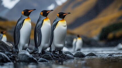 Fototapeta premium A group of king penguins gathers in a stunning natural landscape, showcasing the incredible biodiversity that is at risk due to climate change