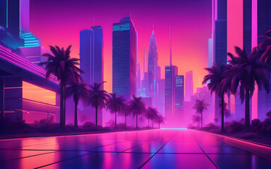 Fototapeta premium Retro-futuristic cityscape with neon-lit skyscrapers, purple-blue gradient sky