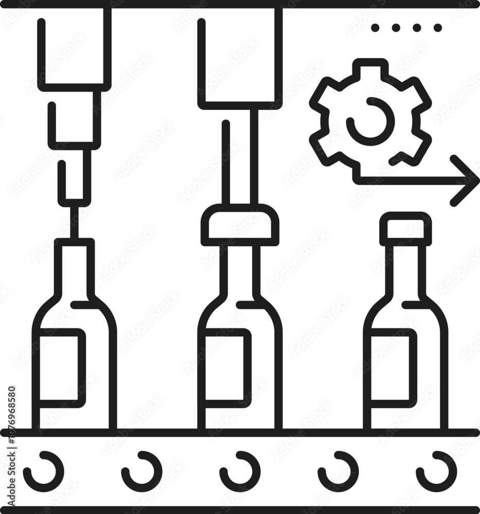 Aufkleber manufacture bottle conveyor, automatic and manual production line icon. plant assembly line robot au