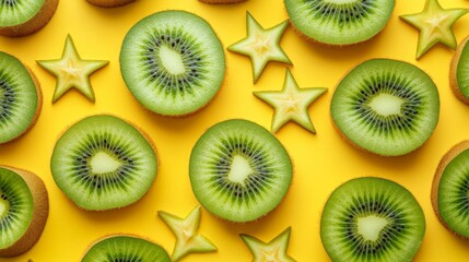 Fototapeta premium Kiwi Fruit Slices and Starfruit on Yellow Background