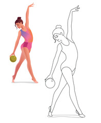 Vector coloring page with a cartoon gymnast girl. Rhythmic gymnastics exercising ball. Beautiful flexible woman doing performance in colorful leotard