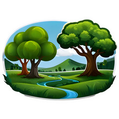 Beautiful Digital Illustration of Green Landscape with Trees - Nature Scene Design