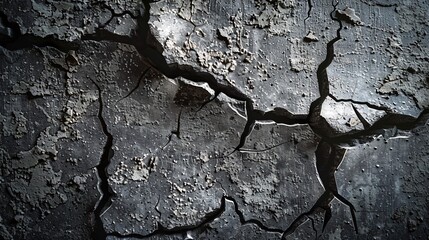 Fototapeta premium Detailed close up view of an old cracked and worn concrete wall surface with a grungy damaged and distressed appearance The textured background has an industrial urban and vintage aesthetic