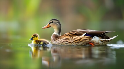 Obraz premium A baby duckling waddling behind its mother
