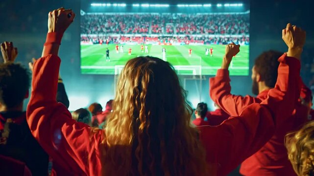 Back view of enthusiastic fans cheering for their team in a bar with big screen, showing excitement and team spirit during a live match.