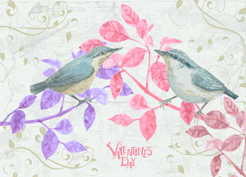 watercolor couple of little birds sitting on colorful leafy twigs and looking at each other against grunge grey background with floral ornament. vector watercolour painting card valentines day