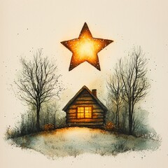 A cozy cabin in a snowy landscape, illuminated by a warm light, under a glowing star against a serene backdrop of trees.