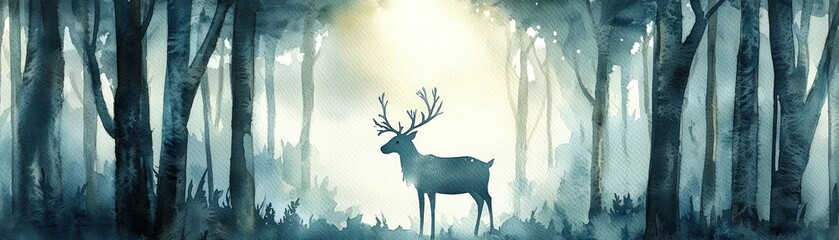 A majestic deer stands in a misty forest, surrounded by tall trees and a soft, ethereal light, creating a serene and mystical atmosphere.