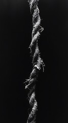 A close-up of a frayed rope hanging against a black background.
