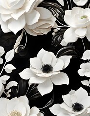 3D Black and White Digital Wallpaper of Flowers - Elegant Floral Design