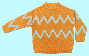 Girls Women Wool Sweater Winter Casual Thick Chevron Sweaters and Colorful Striped Colorblock Male Pullover Long Sleeve O-Neck Jumper Knitted Tops. Top Front Closeup View on Isolated Brown Background.