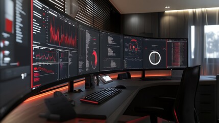 Modern Home Office with Curved Monitors Displaying Data and Charts