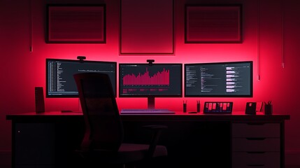 Red Lit Gaming Setup With Three Monitors