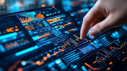 A Hand Interacting with a Digital Interface Showing Financial Data