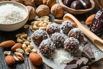Fototapeta premium A vibrant arrangement of chocolate truffles coated in coconut, surrounded by nuts, dates, and dark chocolate, creating a cozy, indulgent atmosphere.