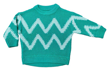 Girls Women Wool Sweater Winter Casual Thick Chevron Sweaters and Colorful Striped Colorblock Male Pullover Long Sleeve O-Neck Jumper Knitted Tops. Top Front Closeup View on Isolated Brown Background.