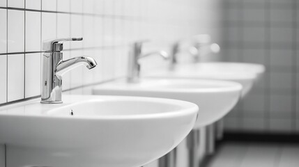 Row of Bright White Sinks with Reflections in Modern Public Restroom