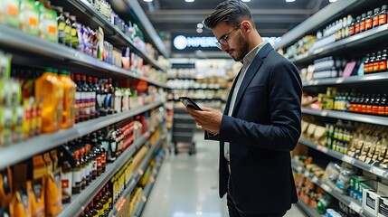 A businessman in a smart retail store, using a mobile app to browse virtual product catalogs and receive personalized recommendations based on previous purchases and preferences.