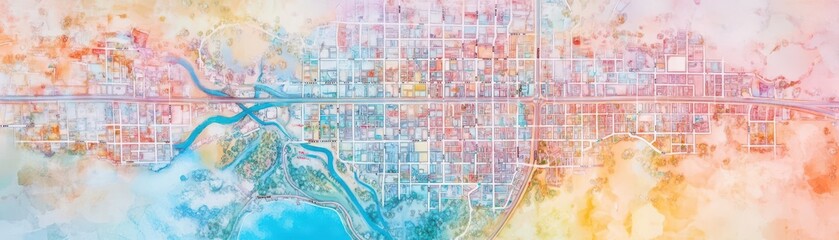 Naklejka premium Map of a fictional city with address numbers missing, fantasy style, watercolor effect, soft pastel colors, intricate details