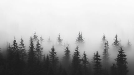 Fototapeta premium Misty forest scene with silhouettes of trees emerging from dense fog, creating a serene atmosphere.