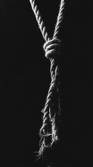 A single, frayed rope with a knot hangs against a black background.