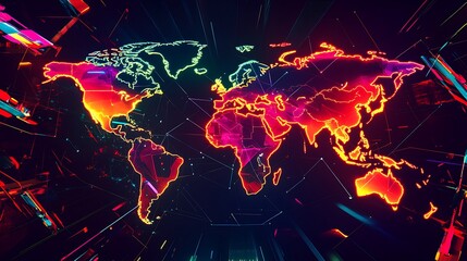 World Map with Neon Lines and Geometric Patterns