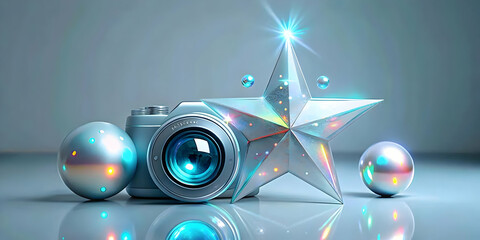 Fototapeta premium Glossy Holographic Background with Holographic Camels Stars Representing Reyes Magos Dynamic Camera Tilt Ideal for Advertising Banners Magazine Covers Copy Space Concept in Photo Stock