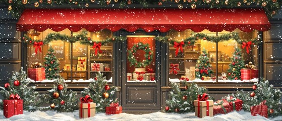 Fototapeta premium Festive storefront adorned with Christmas tree, colorful presents, twinkling lights, holiday decorations.