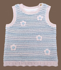Girls Pointelle Knitted Vest Sweater with Crochet Floral Flower. Color Block Striped Sleeveless Knitted Dress Sweater Vest. Round Neck Crochet Mini Dress.