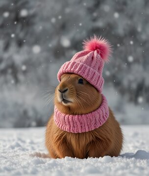 Copybara in a pink hat and scarf in the snow