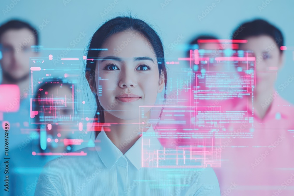Poster Diverse group of office workers in a digital workspace with holographic screens, cheerful expressions, futuristic technology, pastel color scheme