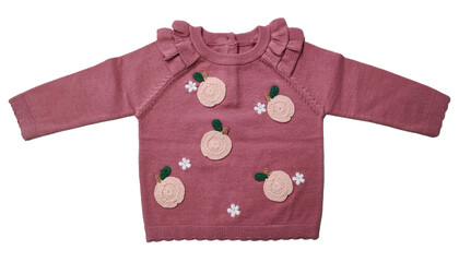 Girls Flower floral Knitted Full Sleeves Pullover Sweater With Neck Ruffle Frill flower Design Patterns and Colorblock Knitwear Sweatshirt on Isolation pink Background