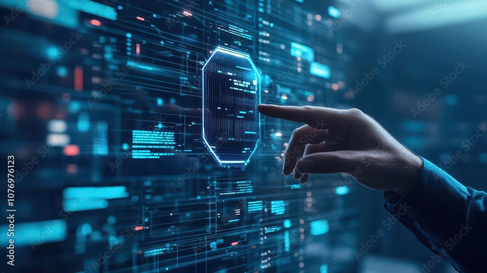 Aufkleber Businessman in virtual data shield, augmented reality layers, hightech workspace