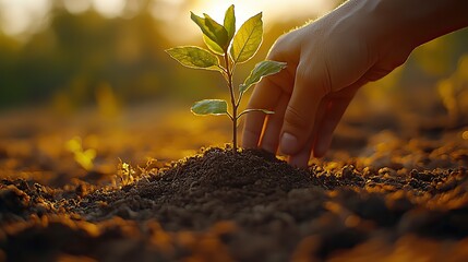 Fototapeta premium A hand plants a tree on dry, cracked earth, symbolizing the power of nature to reverse climate damage and create a greener future