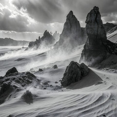 A stunning landscape featuring jagged rock formations surrounded by vibrant vegetation.
