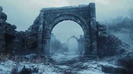 Fototapeta premium Ancient stone archway surrounded by scattered ruins, minimal background, historical ambiance