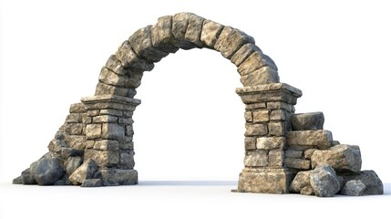 Fototapeta premium Old stone arch with eroded pillars and collapsed stones, isolated archaeological structure