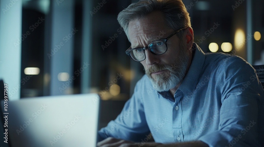 Poster a man is sitting at a desk with a laptop in front of him