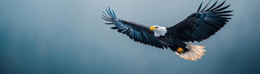 Obraz premium A majestic eagle soaring high, wings spread wide, embodying freedom and fierce independence