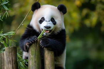 A joyful panda munching on bamboo, with an expression of pure satisfaction and delight