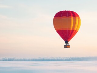Obraz premium A hot air balloon floating over a snowy landscape, warm reds and oranges against a cool white landscape, fantasy style