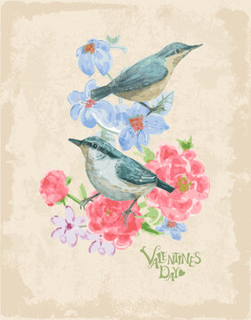 watercolor pink and blue flowers with couple of little birds against gangy paper background. vector watercolour painting card valentines day