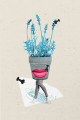 Vertical photo collage of anonym girl instead body flower pot wildflower plant legs lips smile pin...
