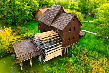 Aerial view of a historical watermill on Small Danube (Jelka, Slovakia)
