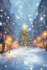 Fototapeta premium Snow falling on christmas tree in city street at night