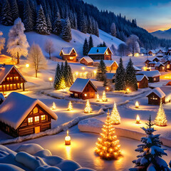 Fototapeta premium A snowy village celebrates a festival of lights.