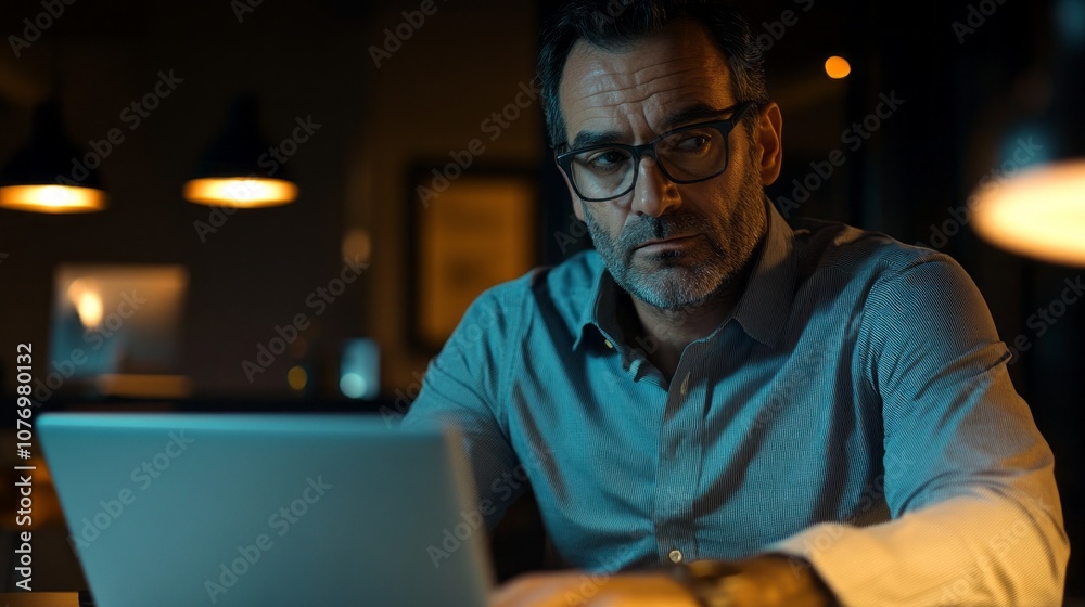 Poster a man is sitting at a table with a laptop in front of him